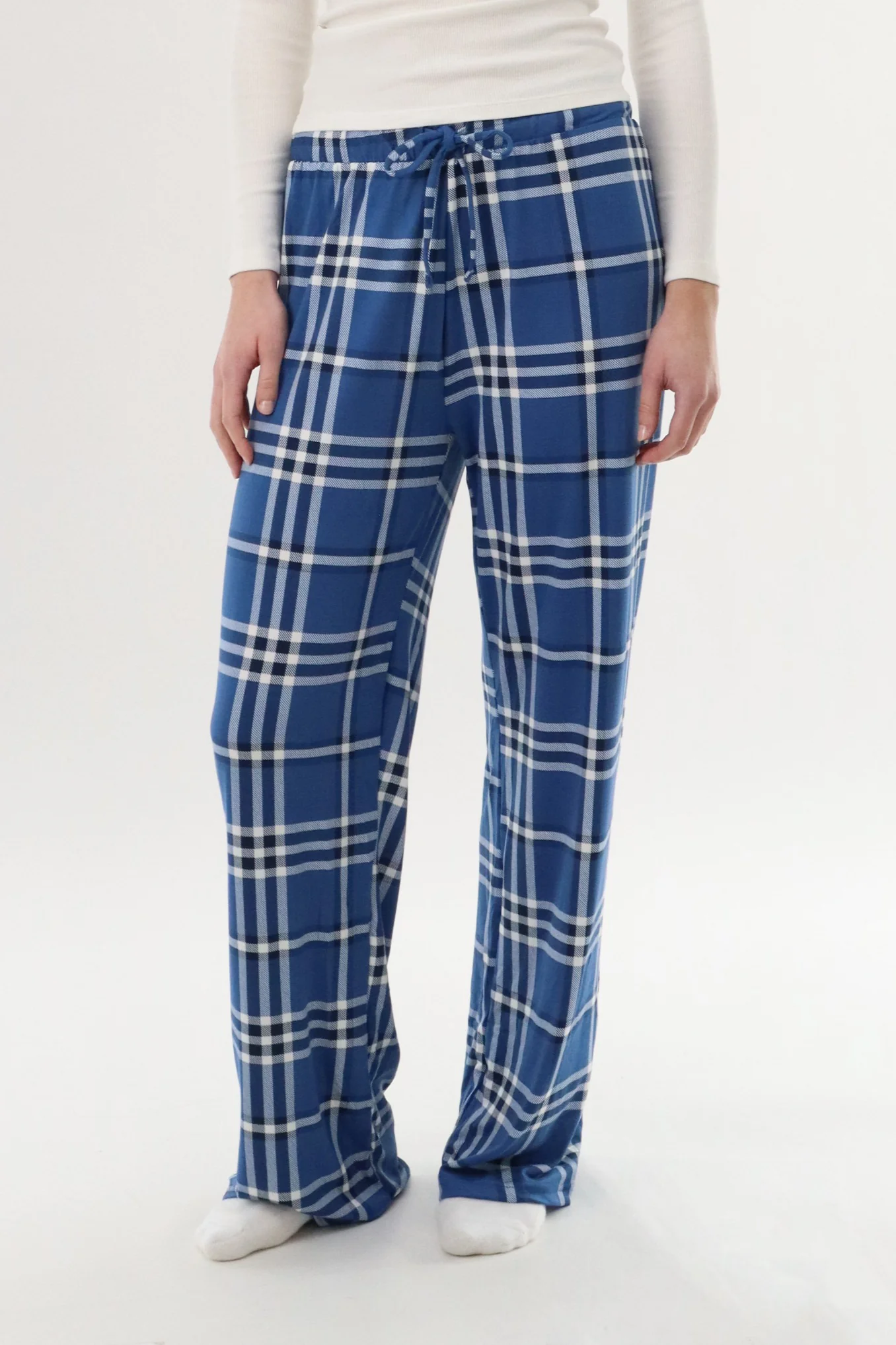 Wide Leg Plaid Pajama Pants - Blue