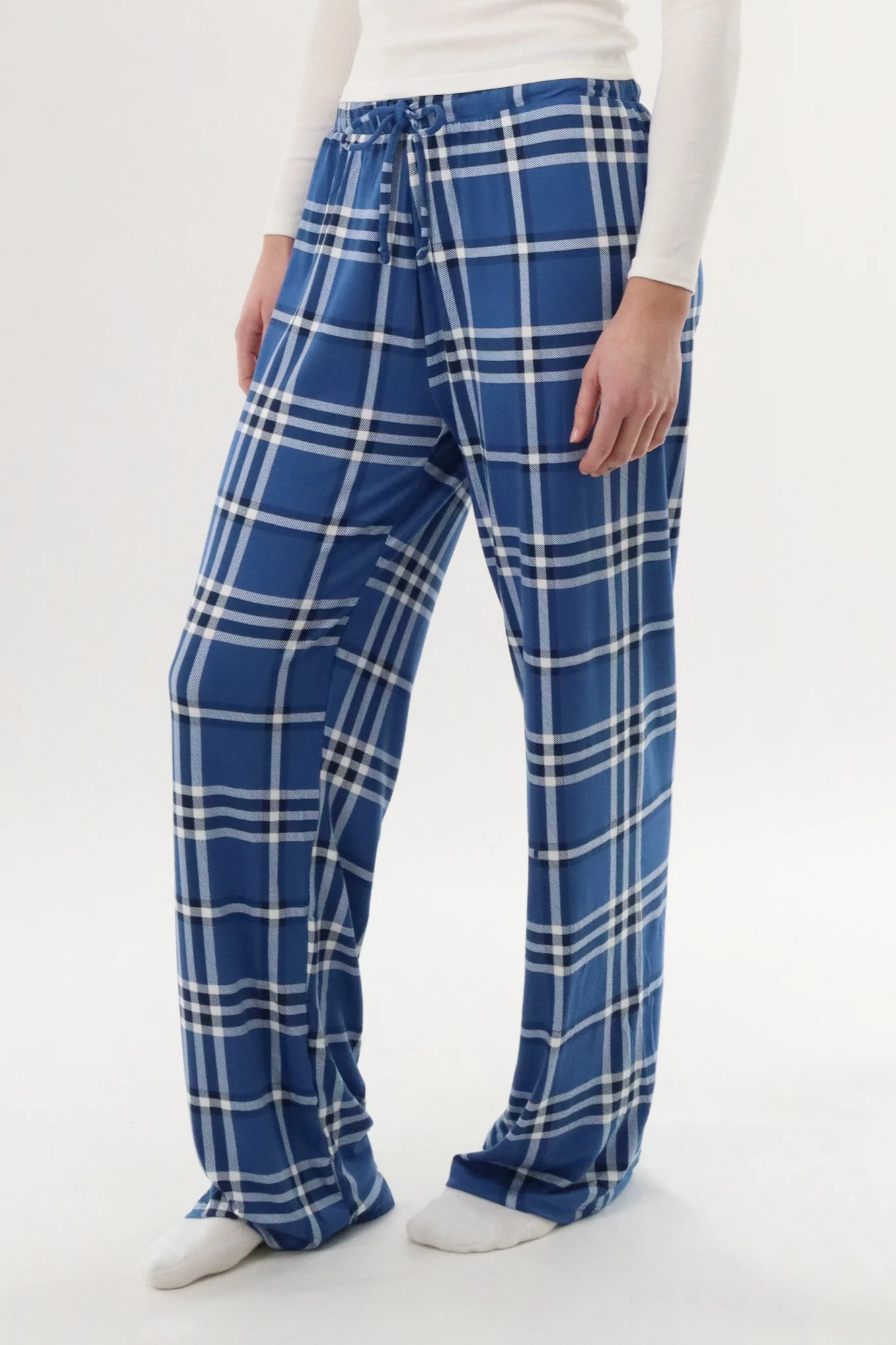 Wide Leg Plaid Pajama Pants - Blue - Image 2