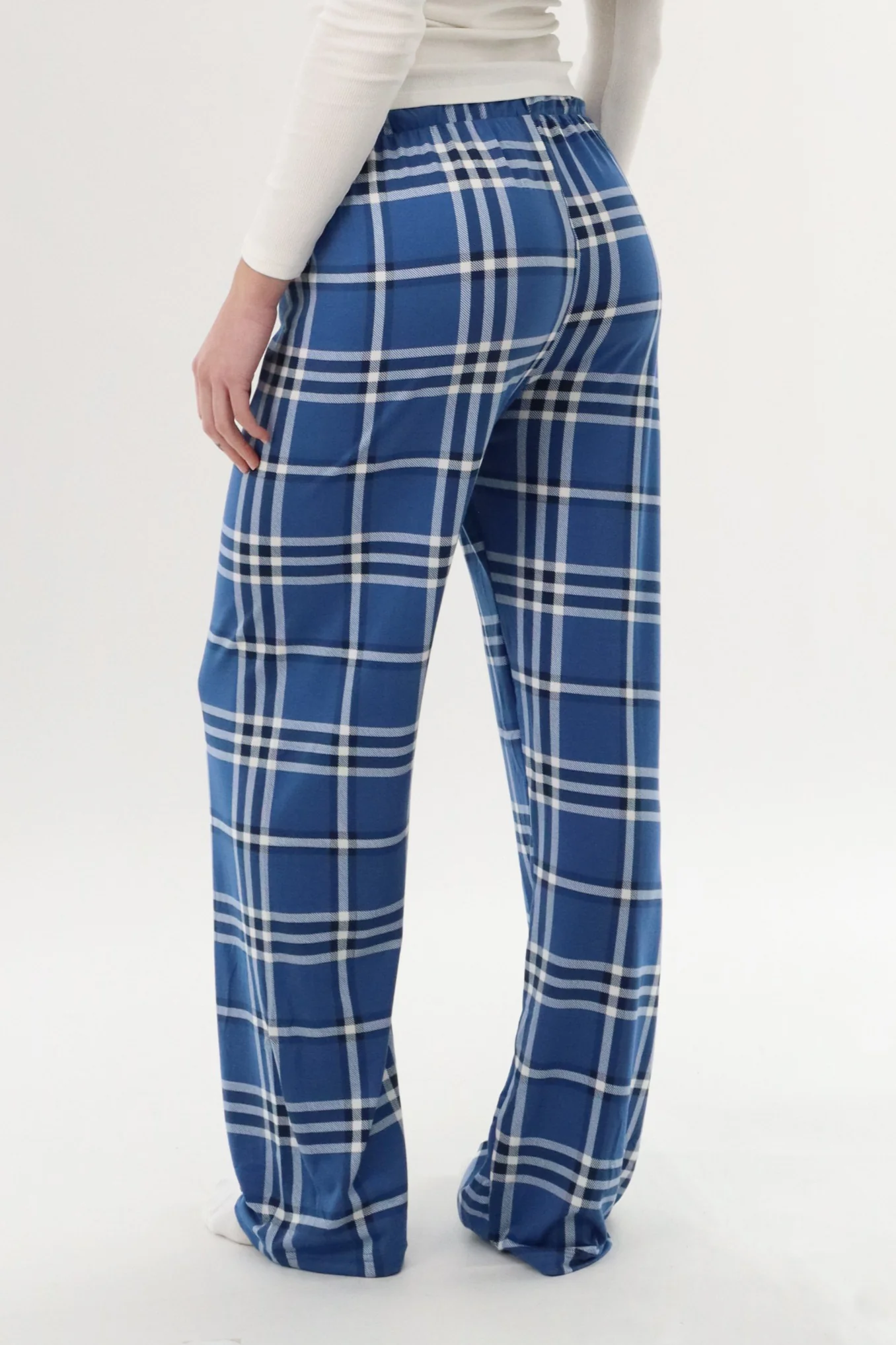 Wide Leg Plaid Pajama Pants - Blue - Image 3