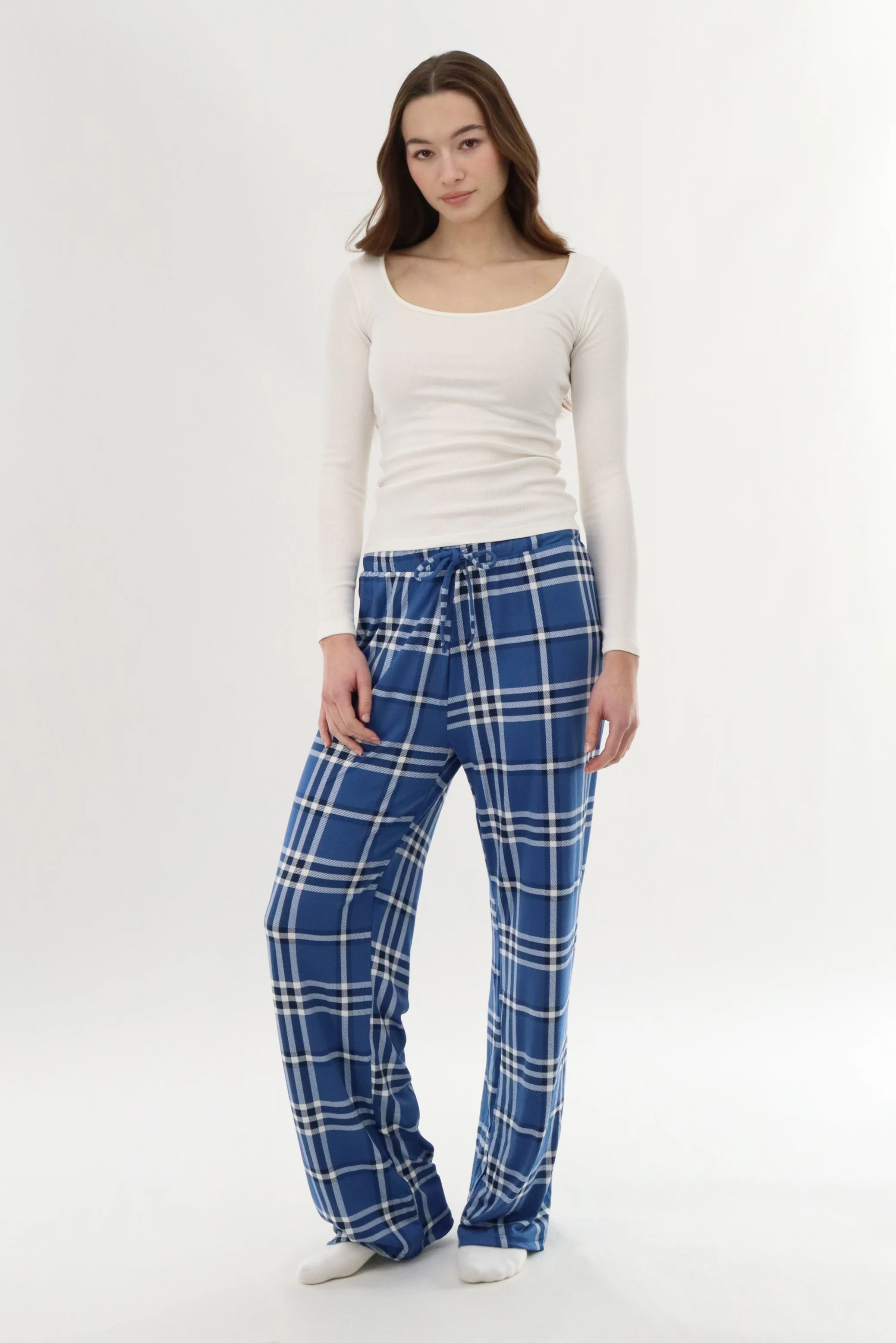 Wide Leg Plaid Pajama Pants - Blue - Image 5