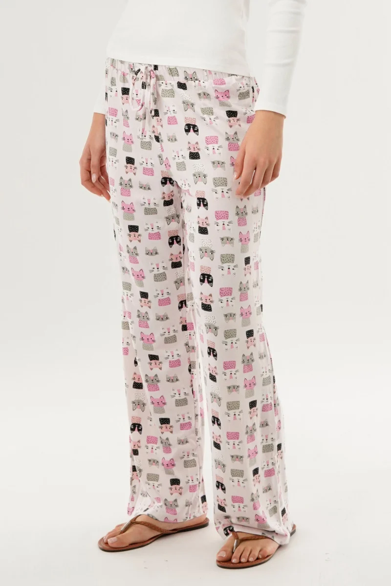 Cat Print Wide Let Pajama Pants - Blush - Image 2