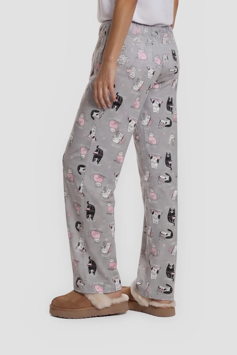 Cat Print Long Pajama Pants - Grey - Image 2