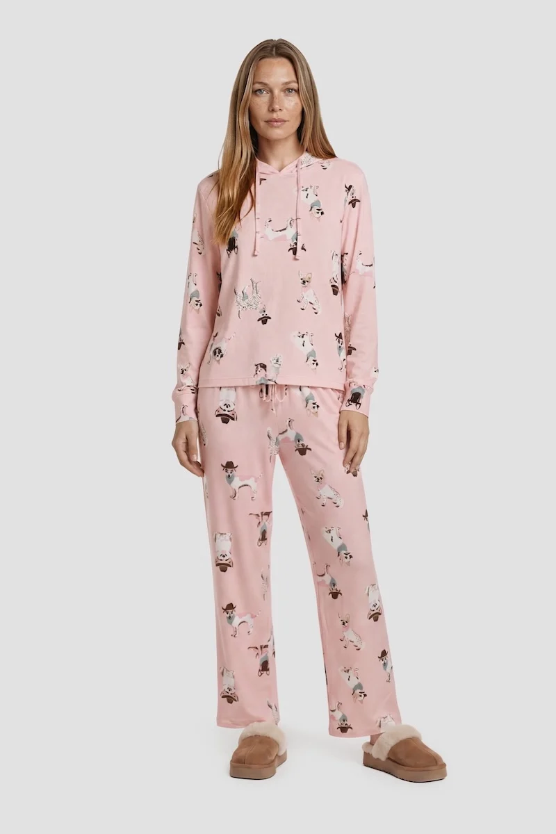 Dog Print Long Pajama Pants - Pink