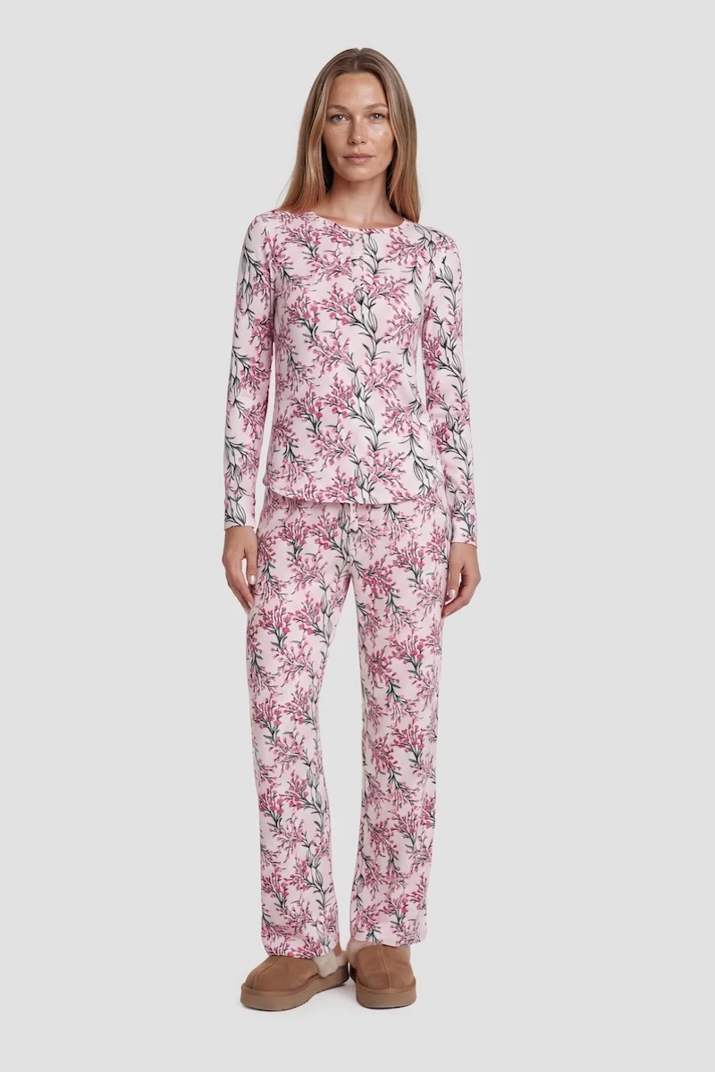 Plant Print Long Pajama Pants - Pink