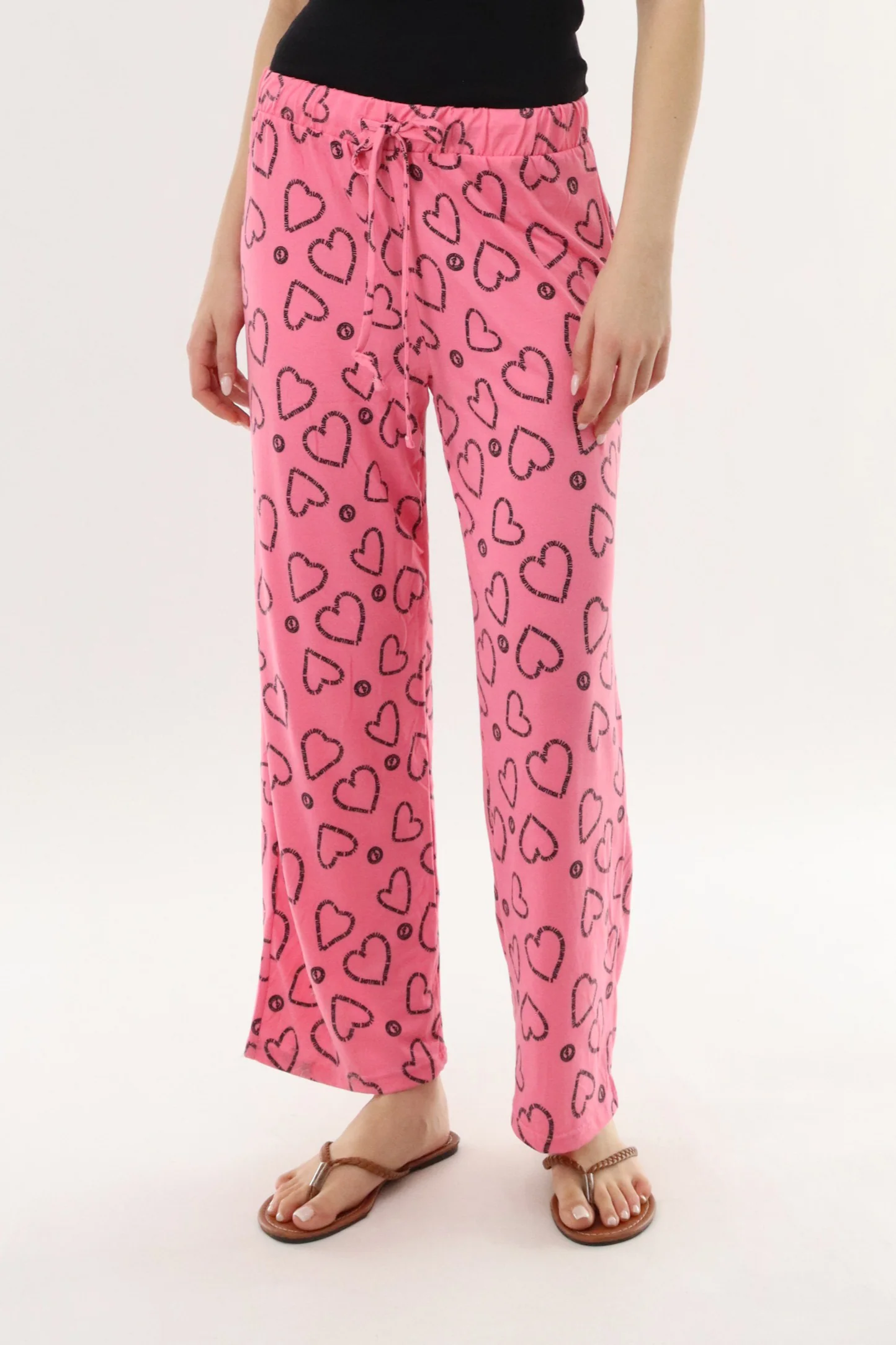 Heart Print Long Pajama Pants - Magenta