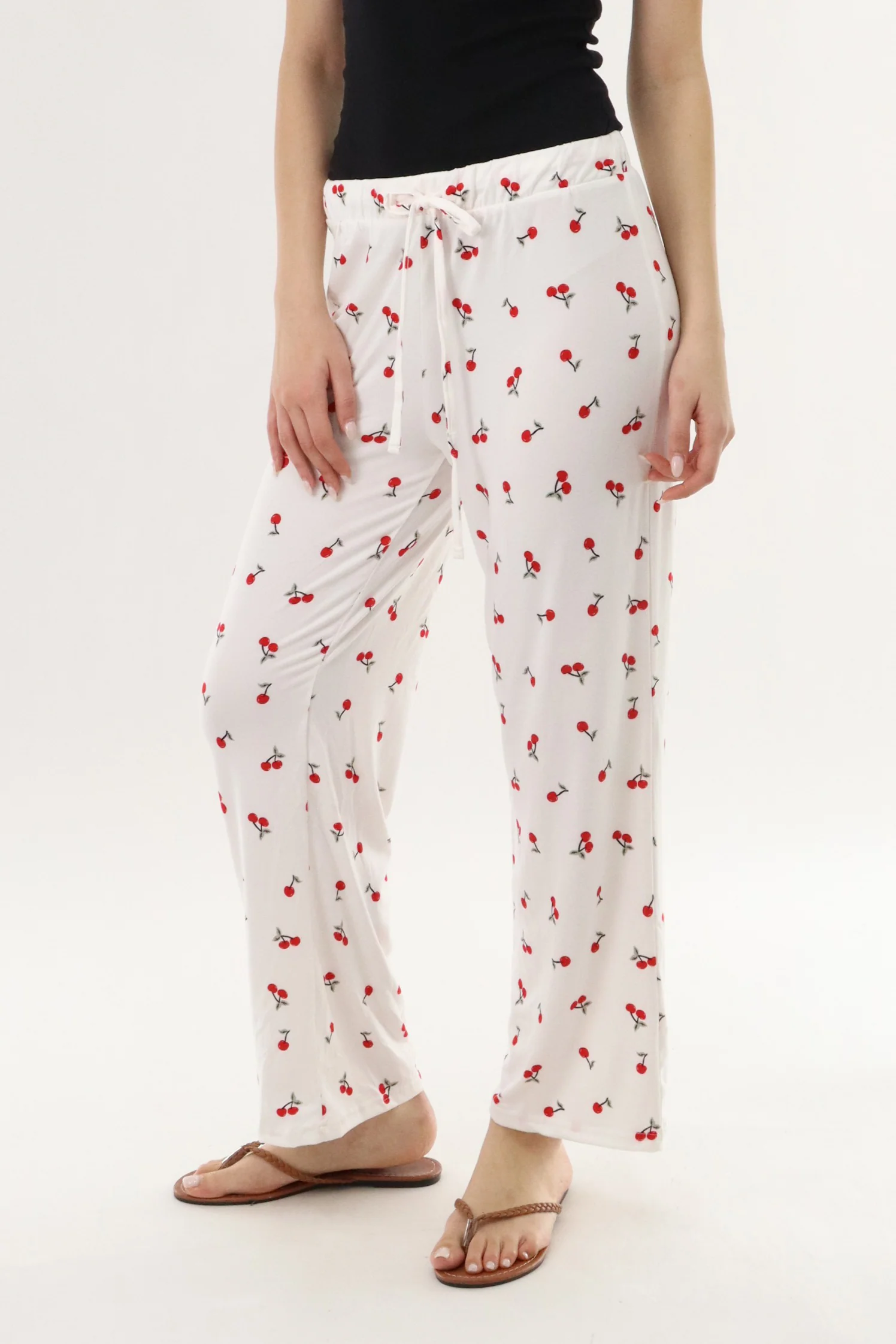 Cherry Print Long Pajama Pants - White - Image 2