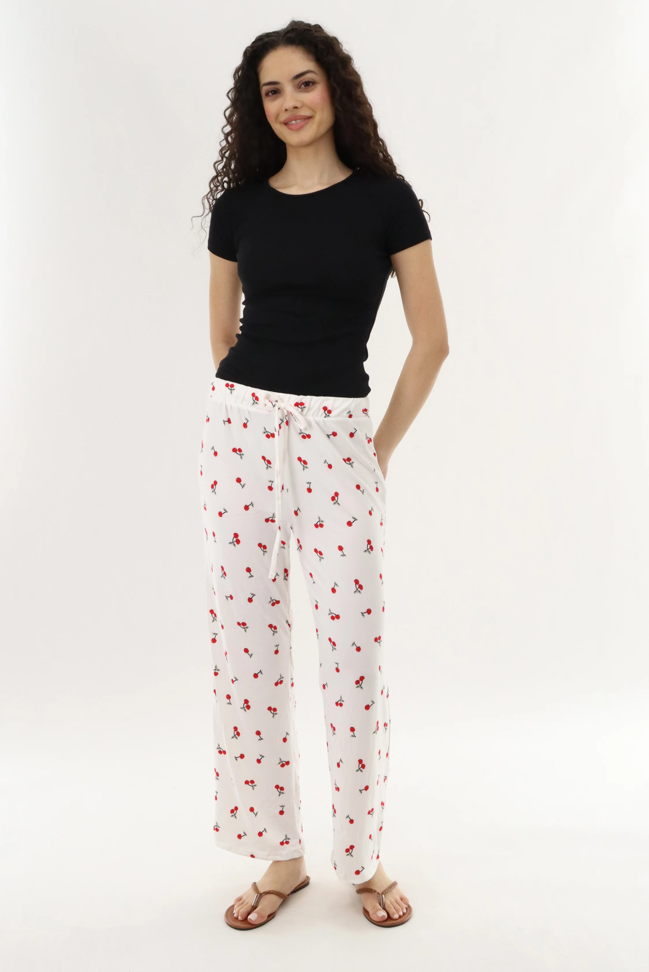 Cherry Print Long Pajama Pants - White - Image 5