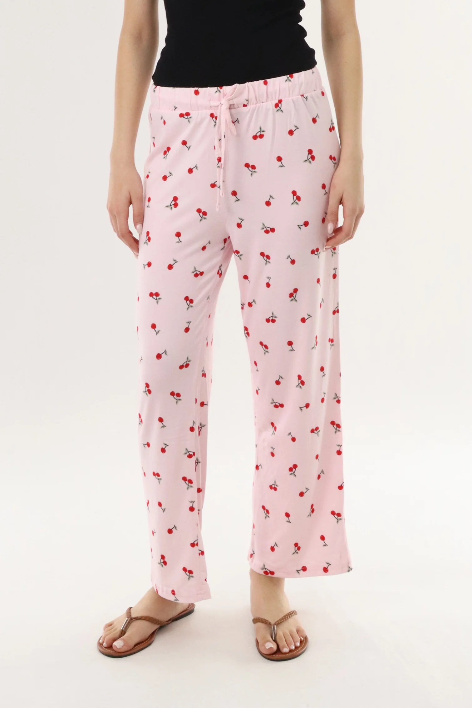 Cherry Print Long Pajama Pants - Pink