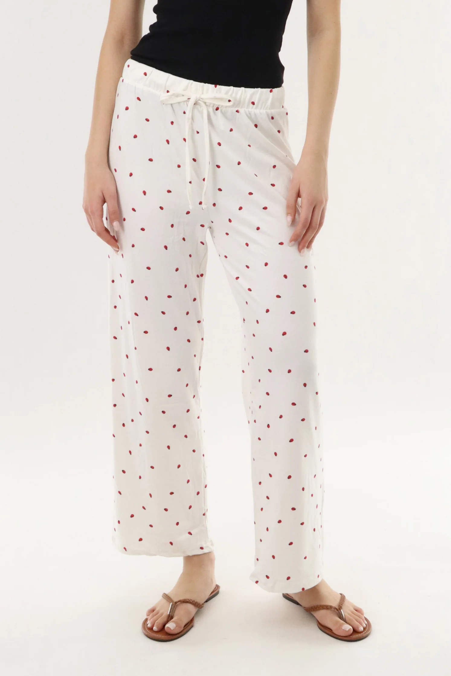 Lady Bug Print Long Pajama Pants - White