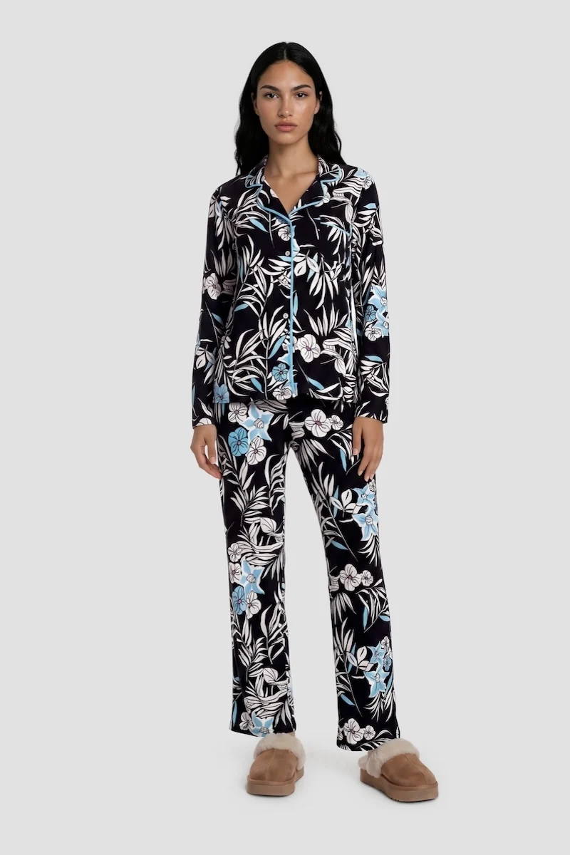 Plant Print Long Pajama Pants - Black