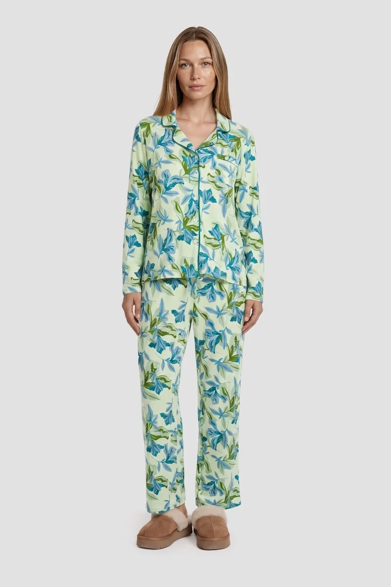 Plant Print Long Pajama Pants - Green