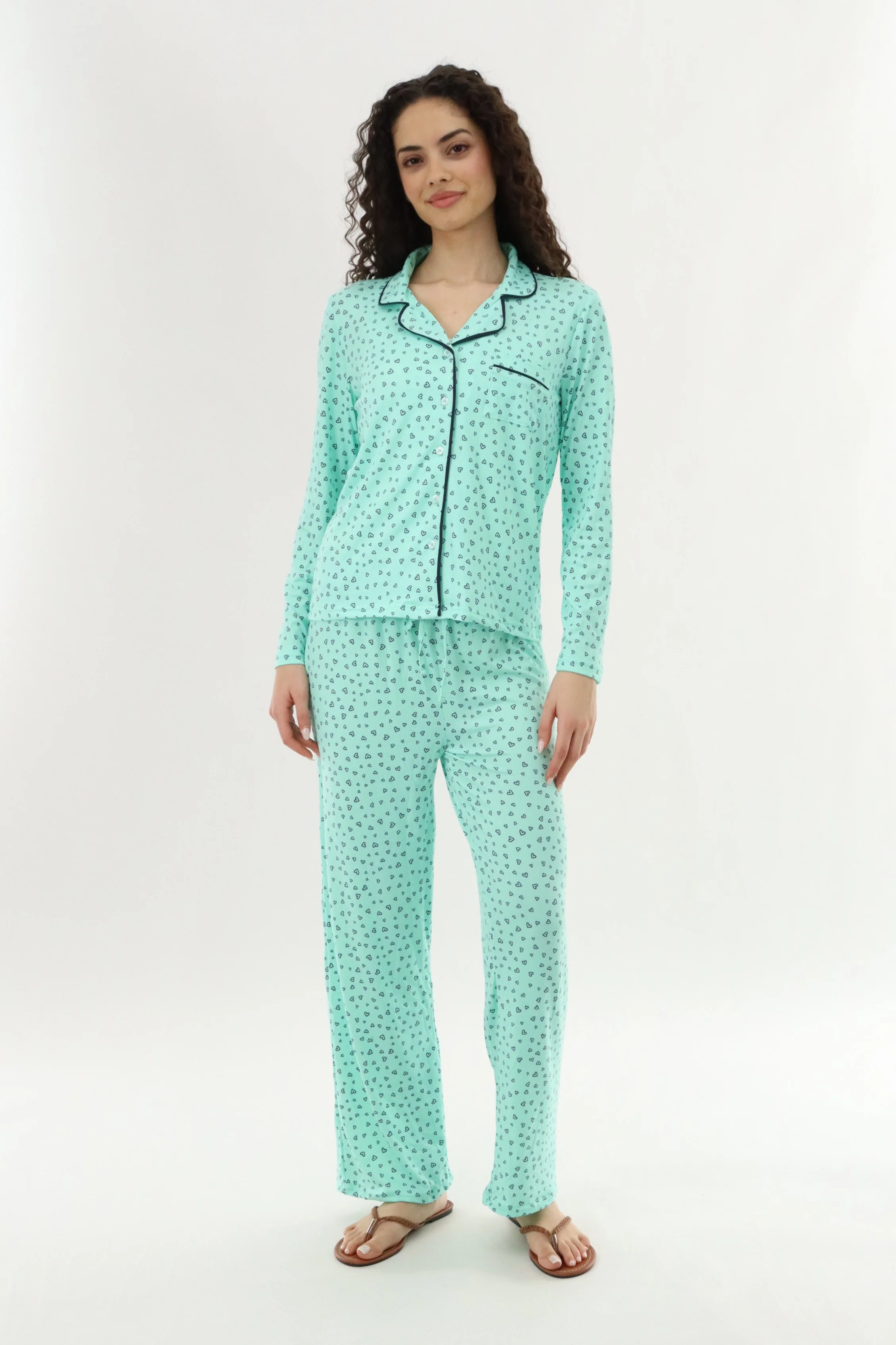 Heart Print Long Pajama Pants - Mint - Image 5