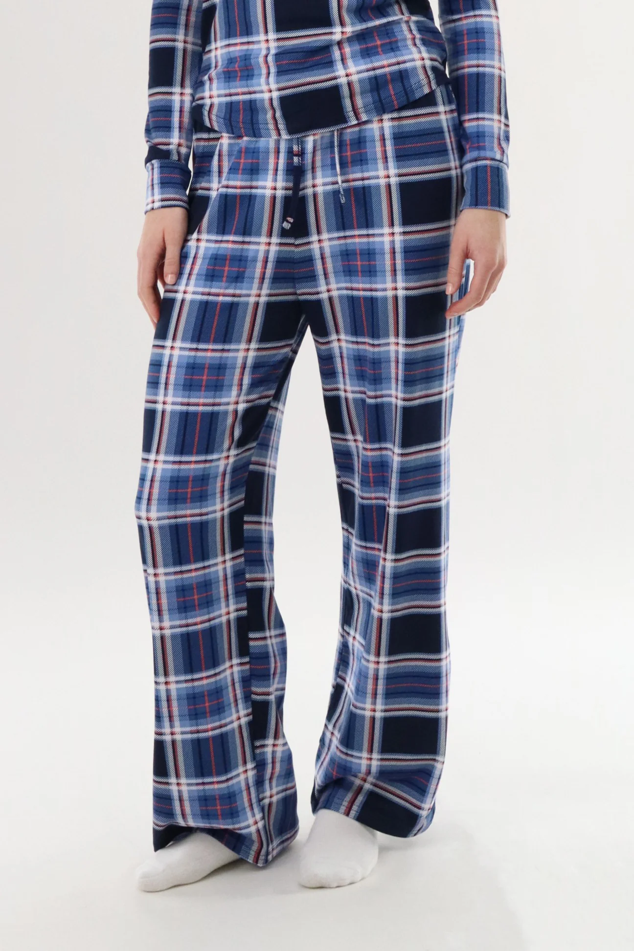 Wide Leg Plaid Pajama Pants - Navy