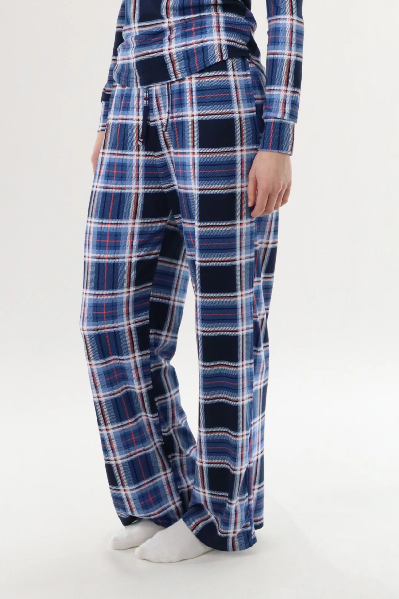 Wide Leg Plaid Pajama Pants - Navy - Image 2
