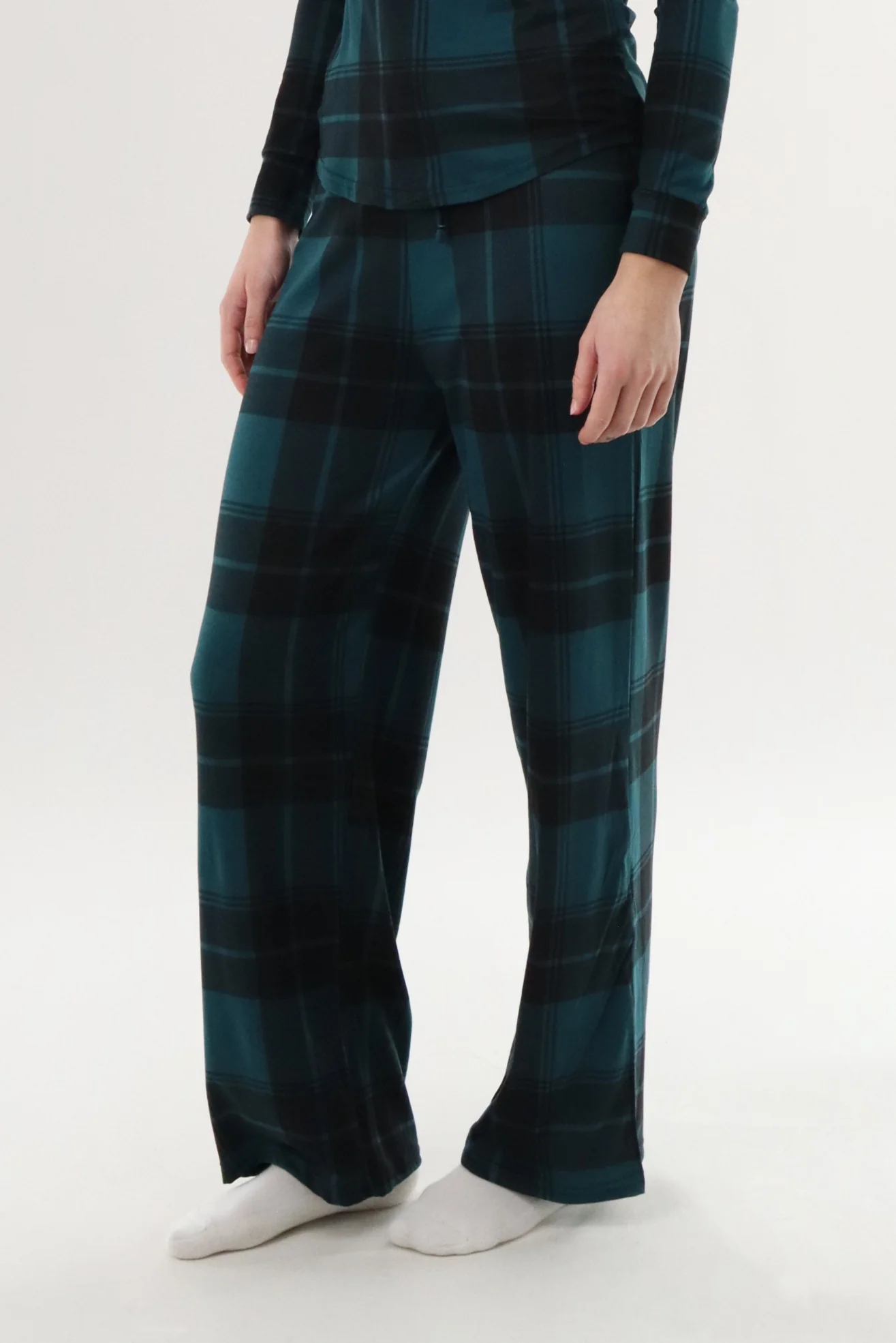 Wide Leg Plaid Pajama Pants - Teal - Image 2
