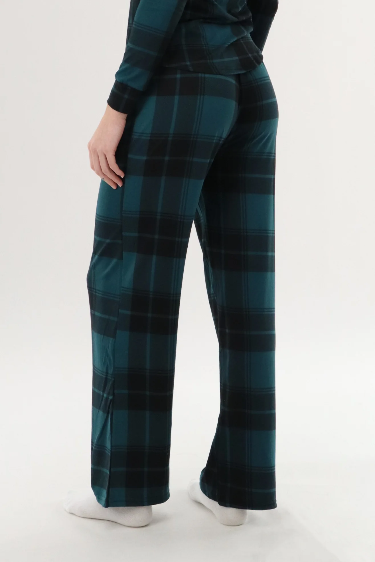 Wide Leg Plaid Pajama Pants - Teal - Image 3