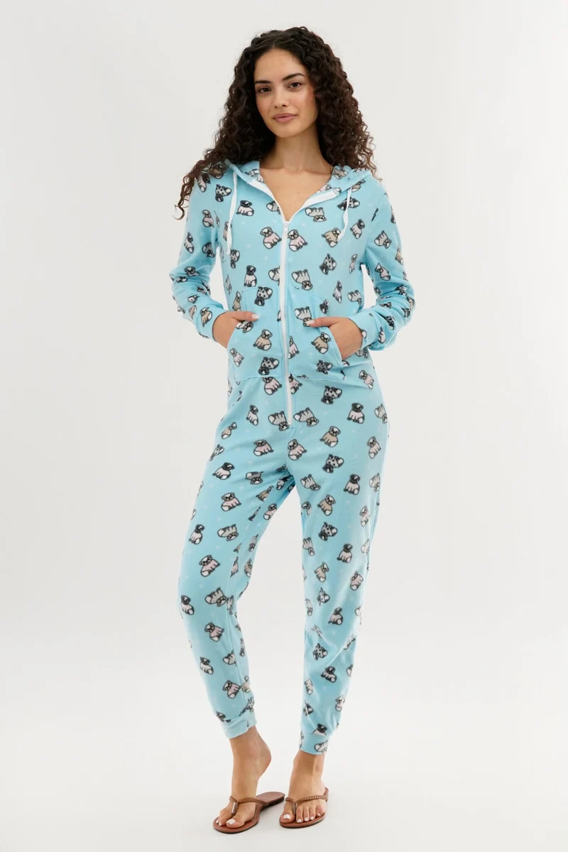 Pug Print Fleece Onesie - Aqua - Image 5