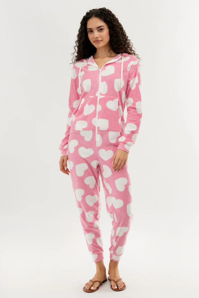 Heart Pattern Fleece Onesie - Pink