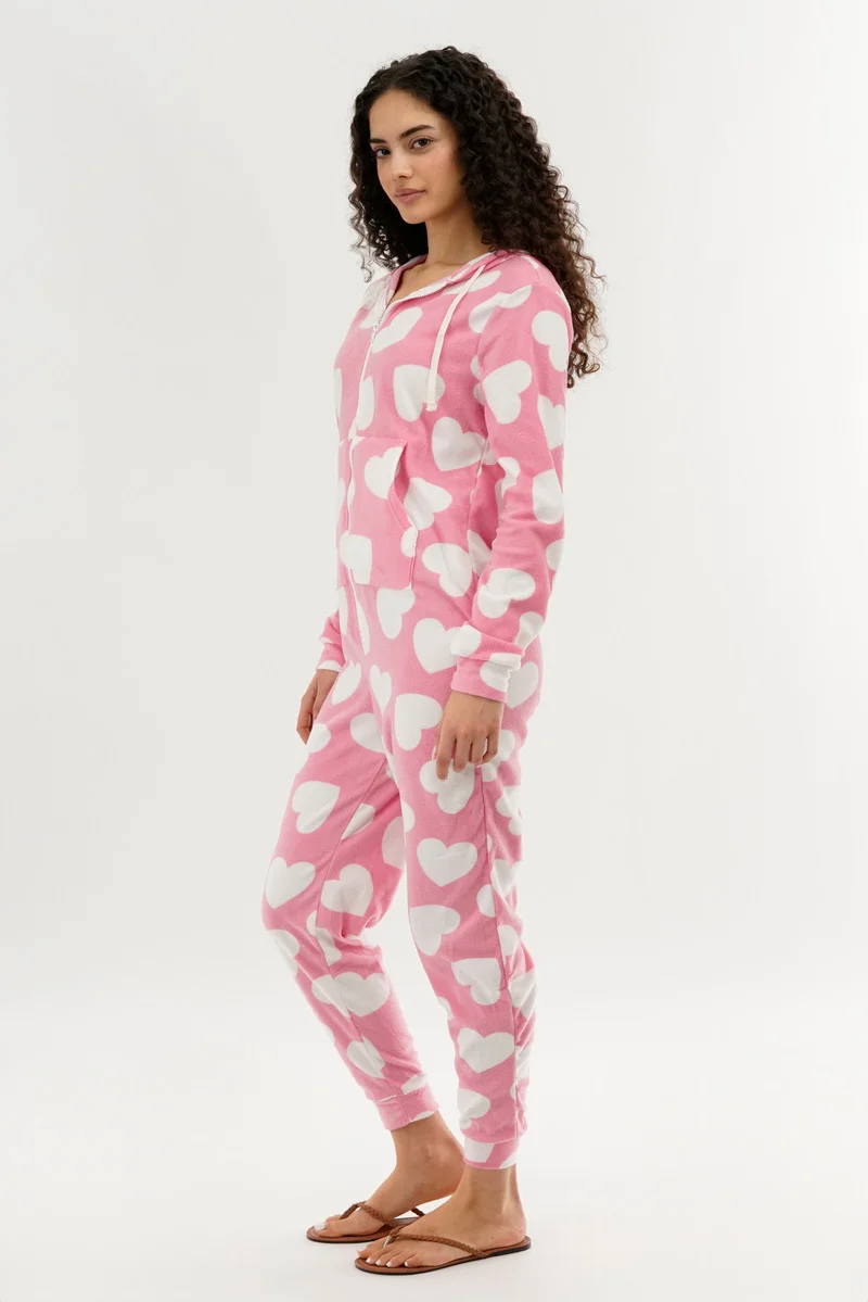 Heart Pattern Fleece Onesie - Pink - Image 2