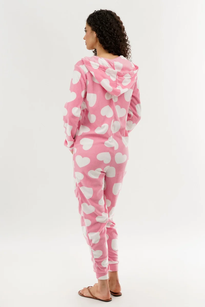 Heart Pattern Fleece Onesie - Pink - Image 3