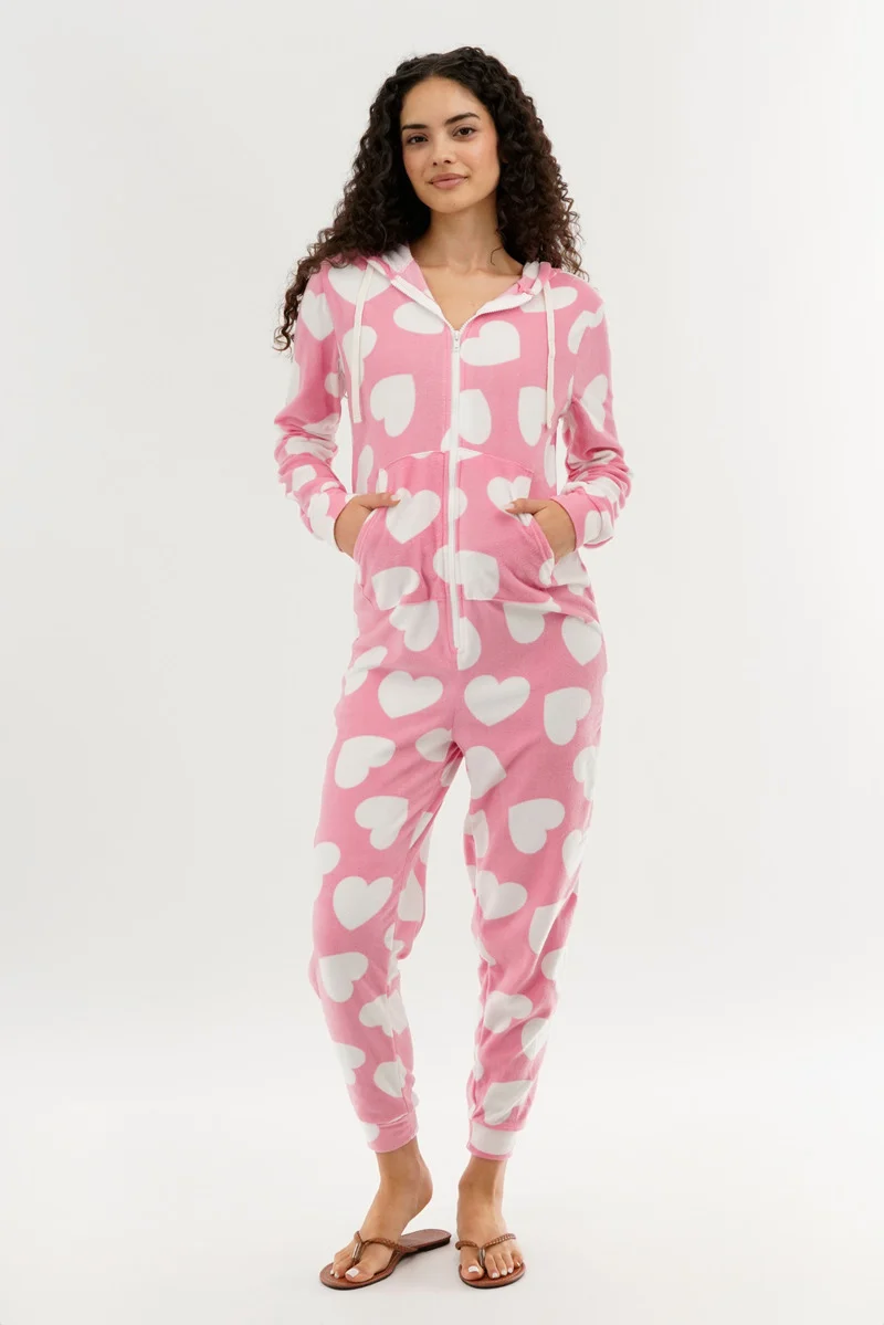 Heart Pattern Fleece Onesie - Pink - Image 5