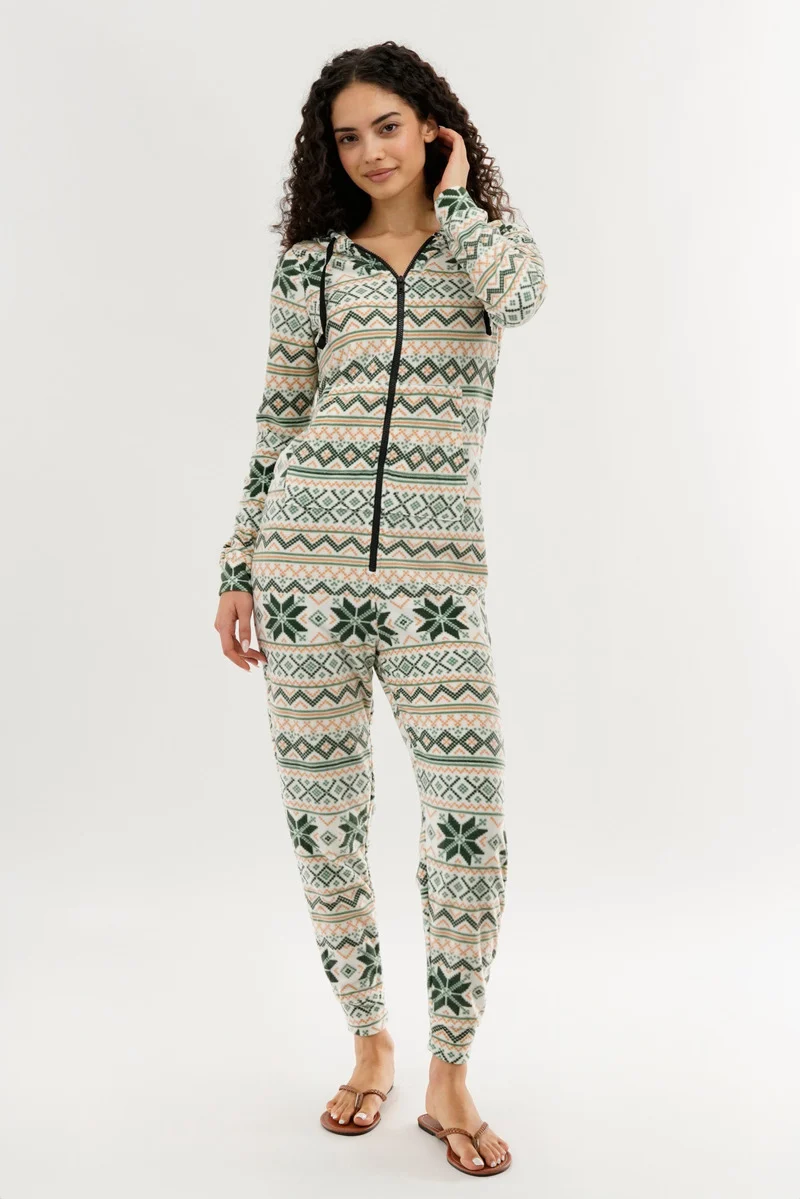 Festive Print Fleece Onesie - White - Image 5