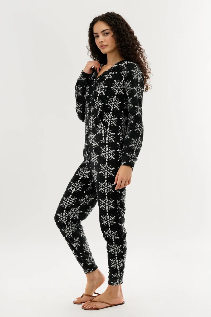 Festive Print Fleece Onesie - Black - Image 2