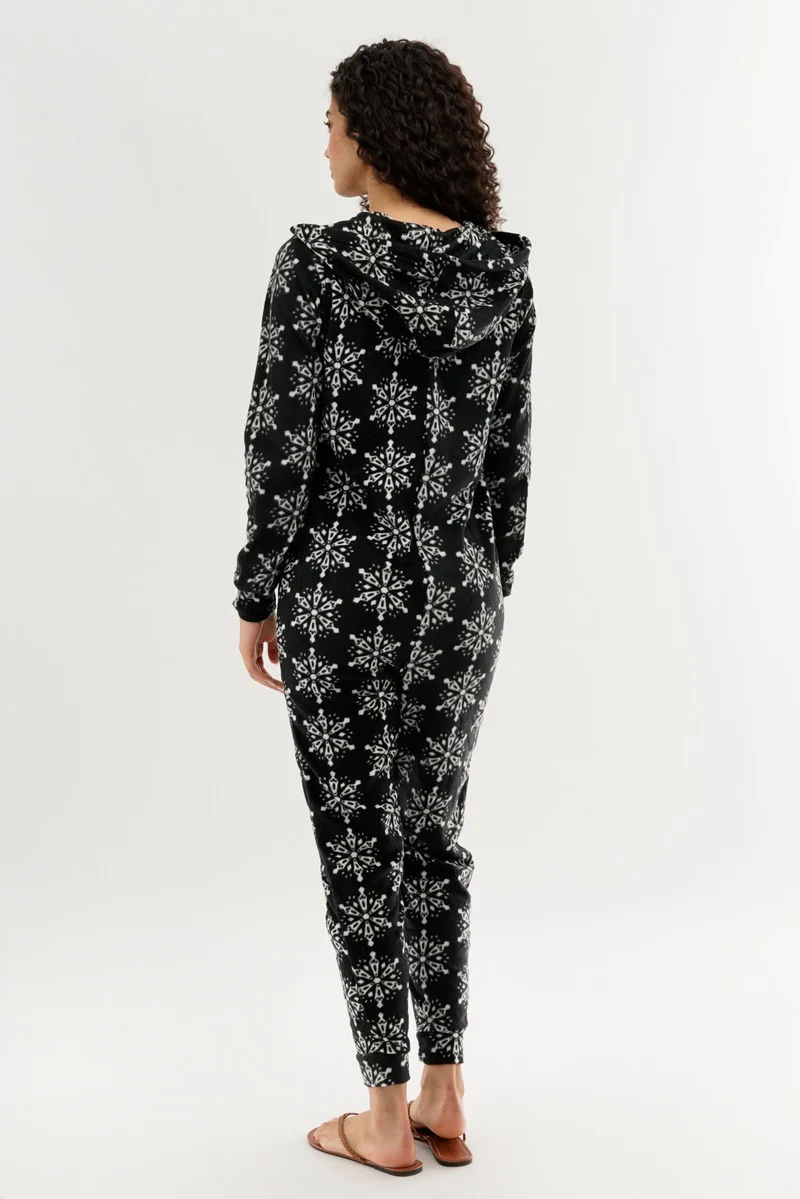 Festive Print Fleece Onesie - Black - Image 3