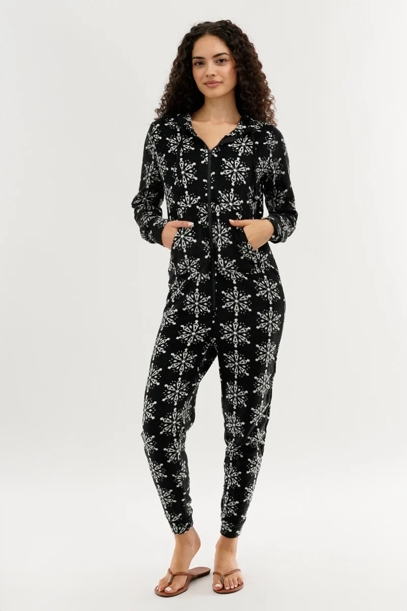 Festive Print Fleece Onesie - Black - Image 5