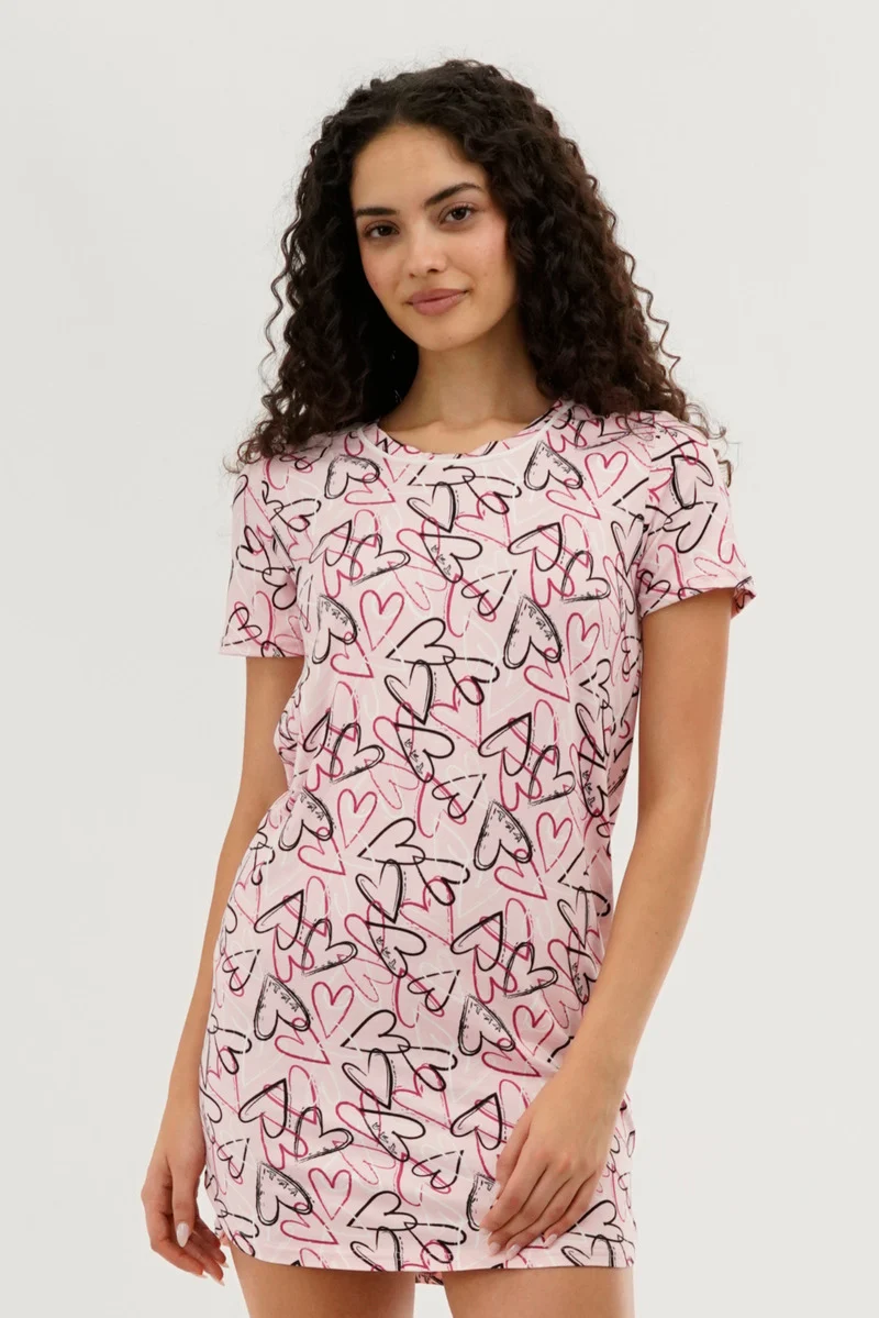 Heart Pattern Tunic Pajama Top - Pink