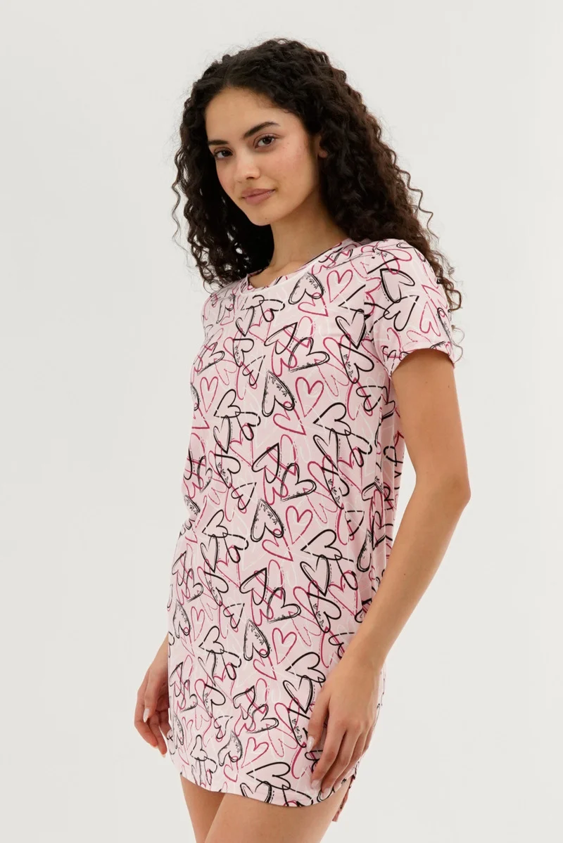 Heart Pattern Tunic Pajama Top - Pink - Image 2