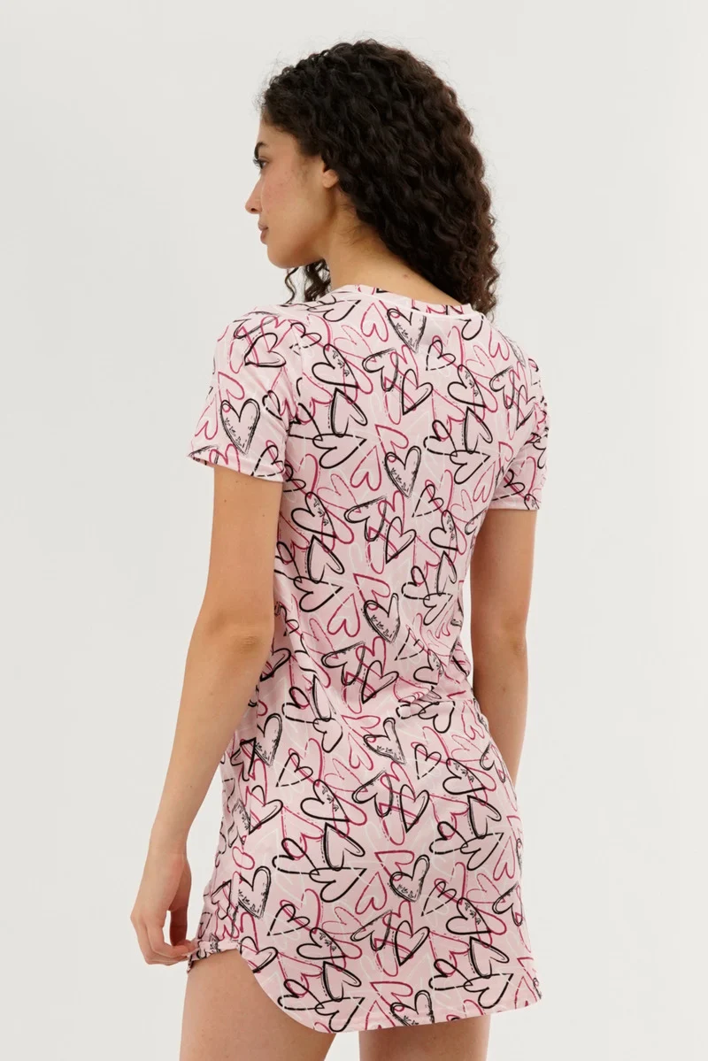 Heart Pattern Tunic Pajama Top - Pink - Image 3