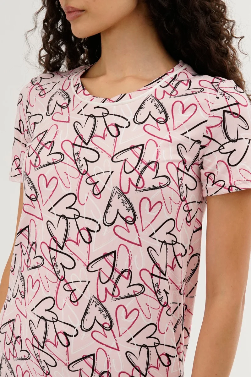 Heart Pattern Tunic Pajama Top - Pink - Image 4
