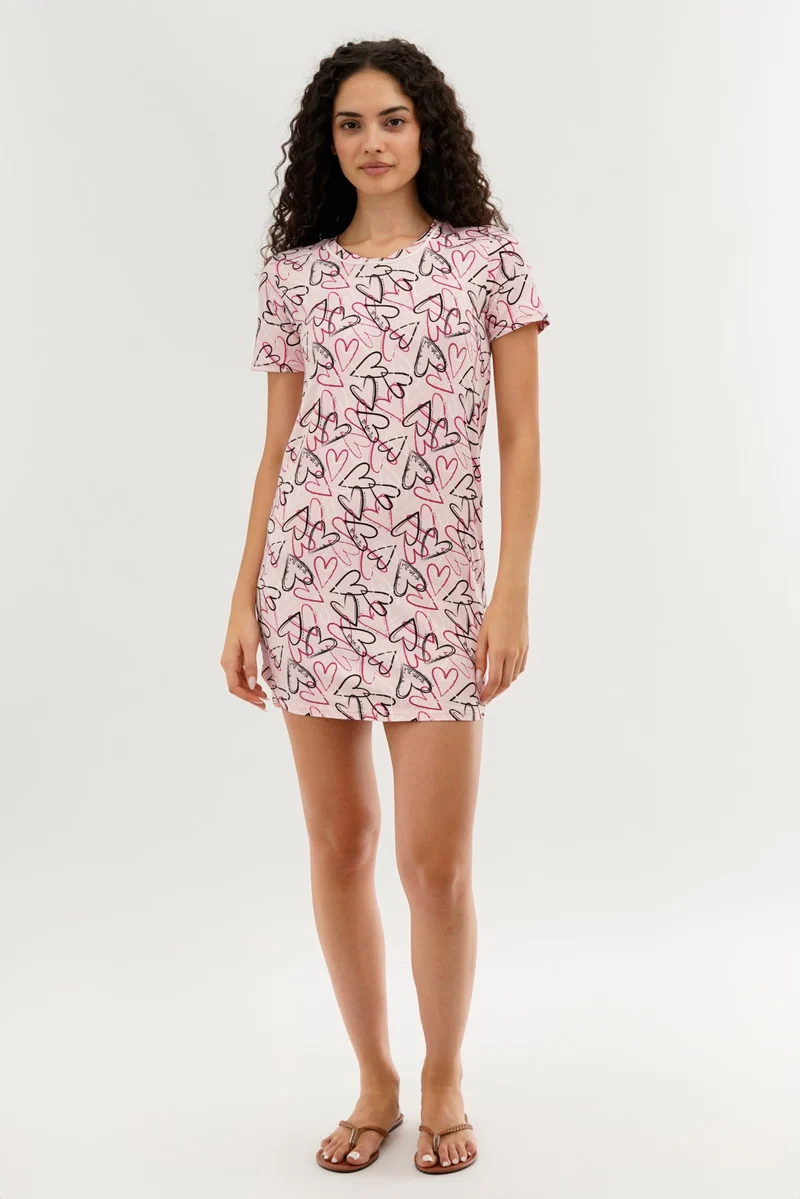 Heart Pattern Tunic Pajama Top - Pink - Image 5