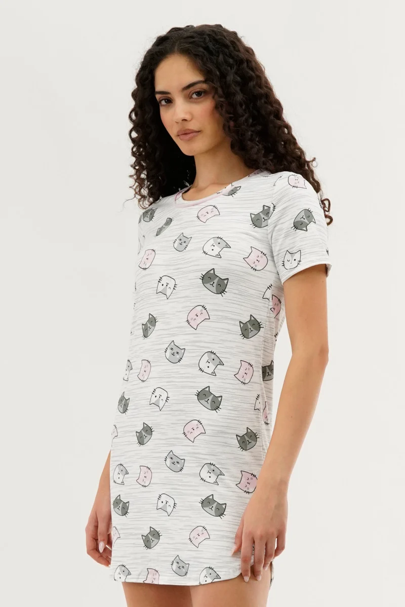 Cat Print Tunic Pajama Top - White - Image 2