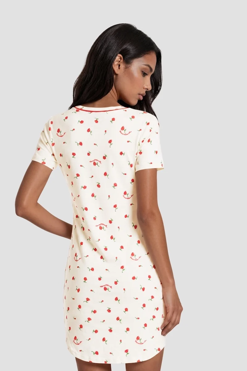 Flower Print Tunic Pajama Top - Cream - Image 2