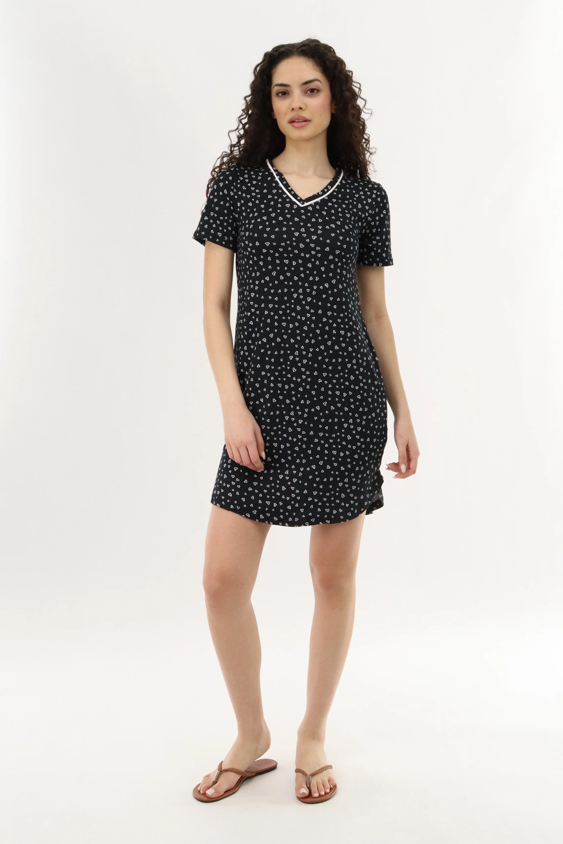 Heart Print Tunic Pajama Top - Black - Image 5