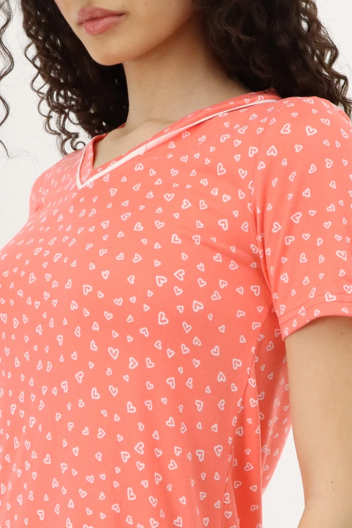 Heart Print Tunic Pajama Top - Coral - Image 4