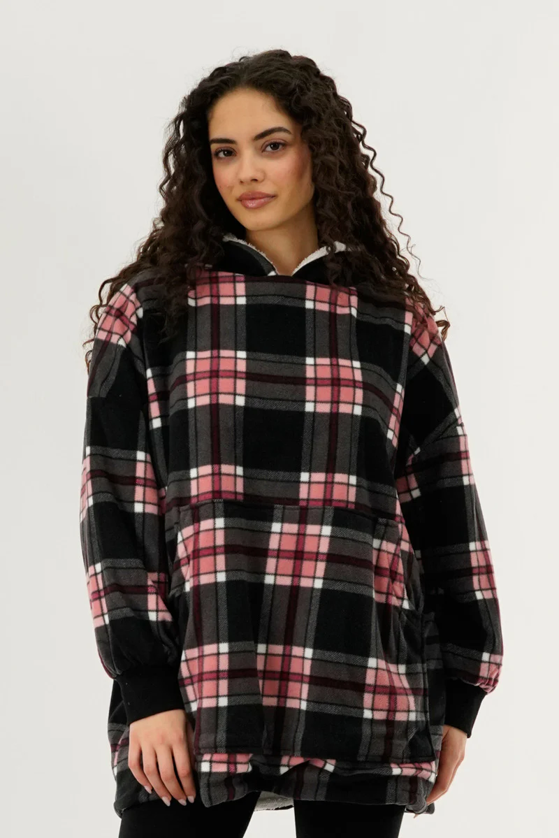 Plaid Oversided Hooded Pajama Top - Black