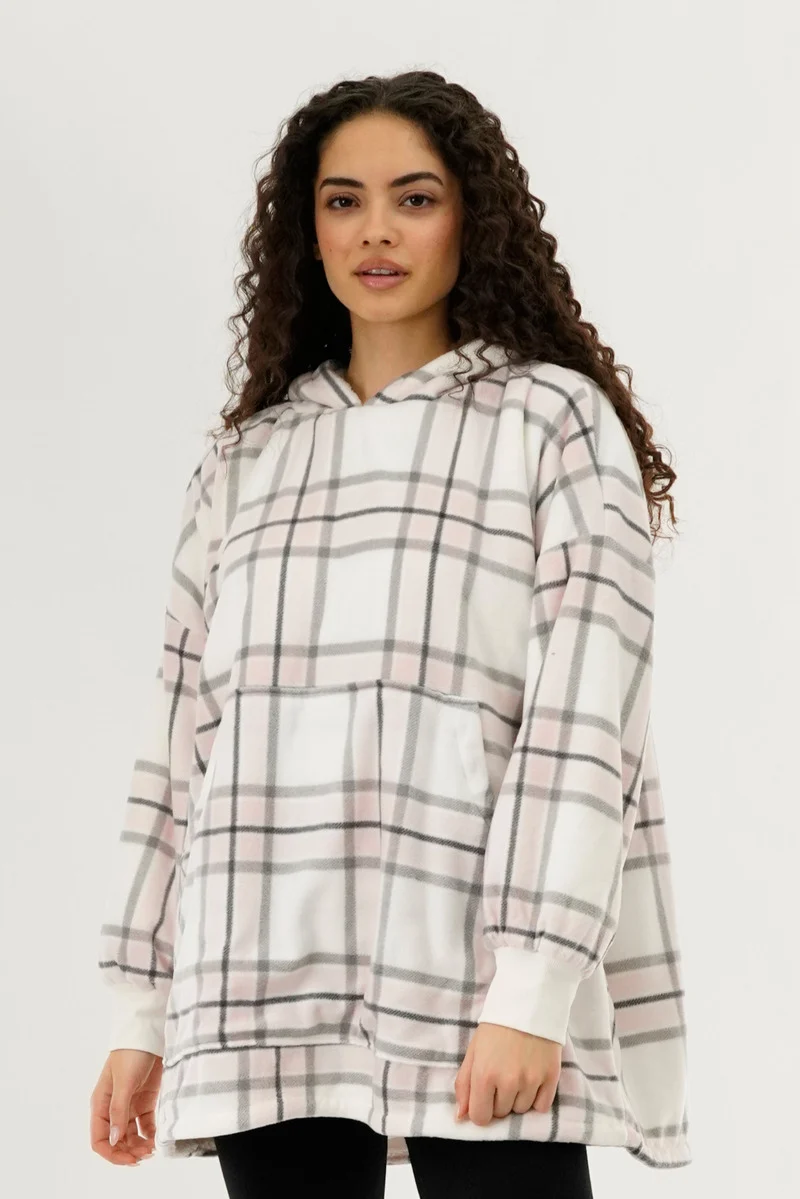 Plaid Oversided Hooded Pajama Top - Blush