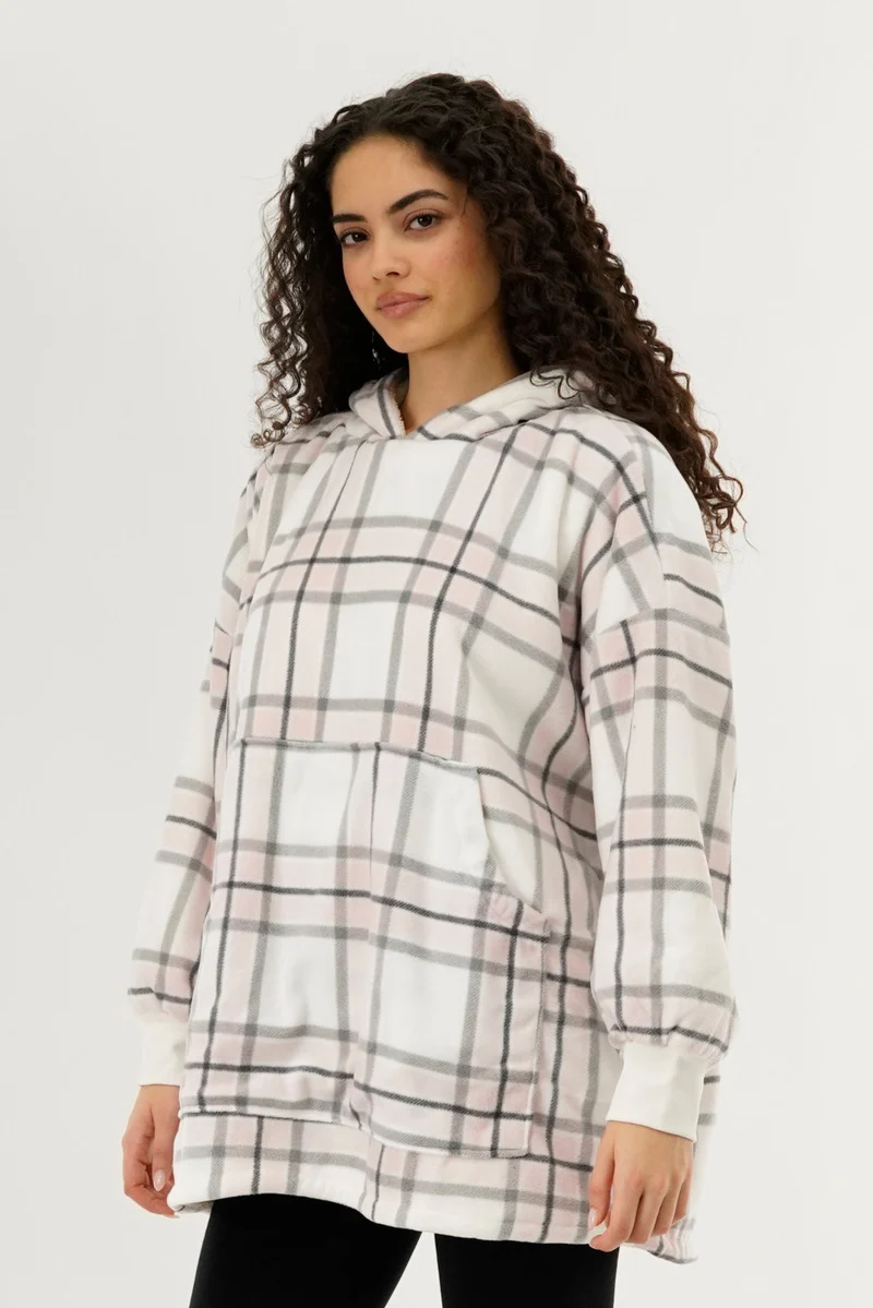 Plaid Oversided Hooded Pajama Top - Blush - Image 2