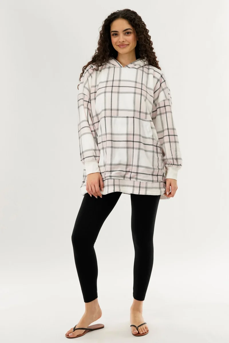 Plaid Oversided Hooded Pajama Top - Blush - Image 5