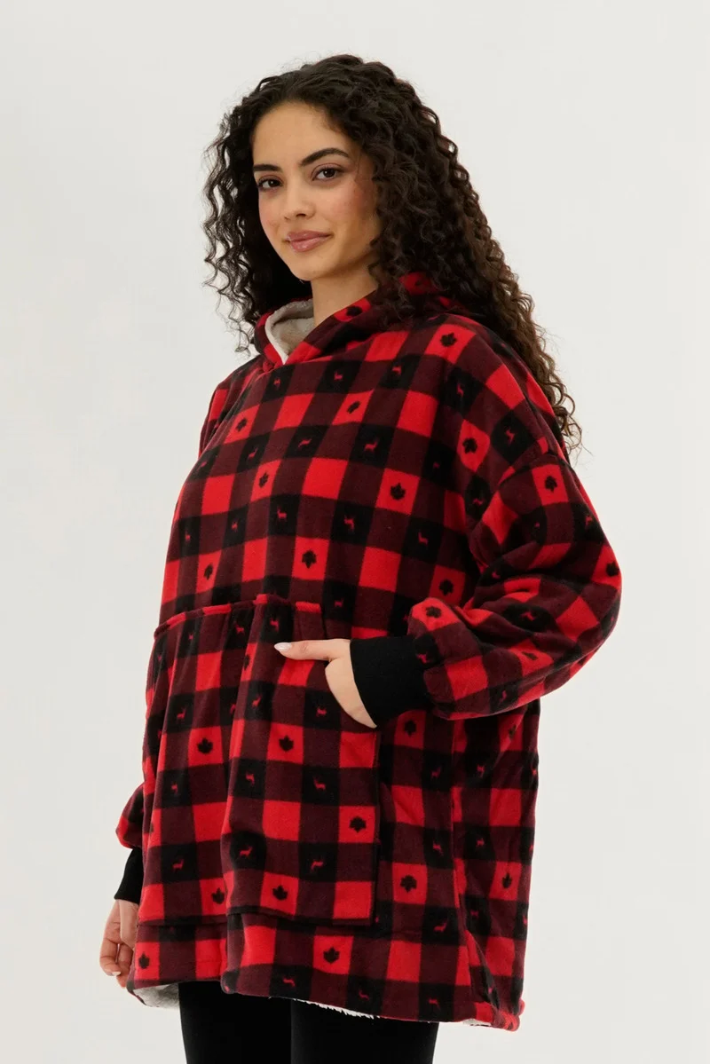 Plaid Oversided Hooded Pajama Top - Red - Image 2