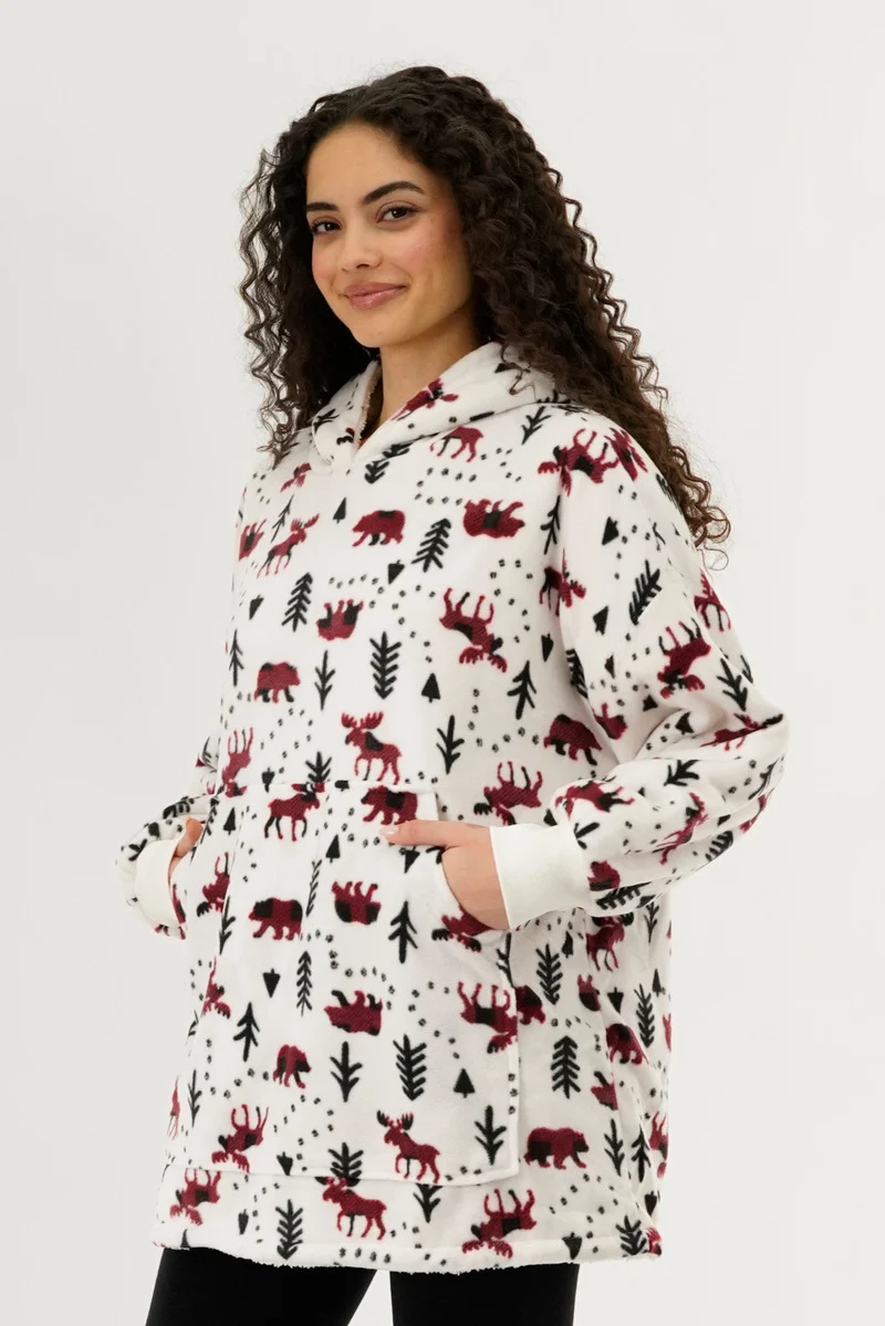 Festive Print Oversided Hooded Pajama Top - White - Image 2