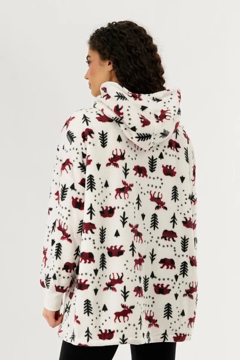Festive Print Oversided Hooded Pajama Top - White - Image 3