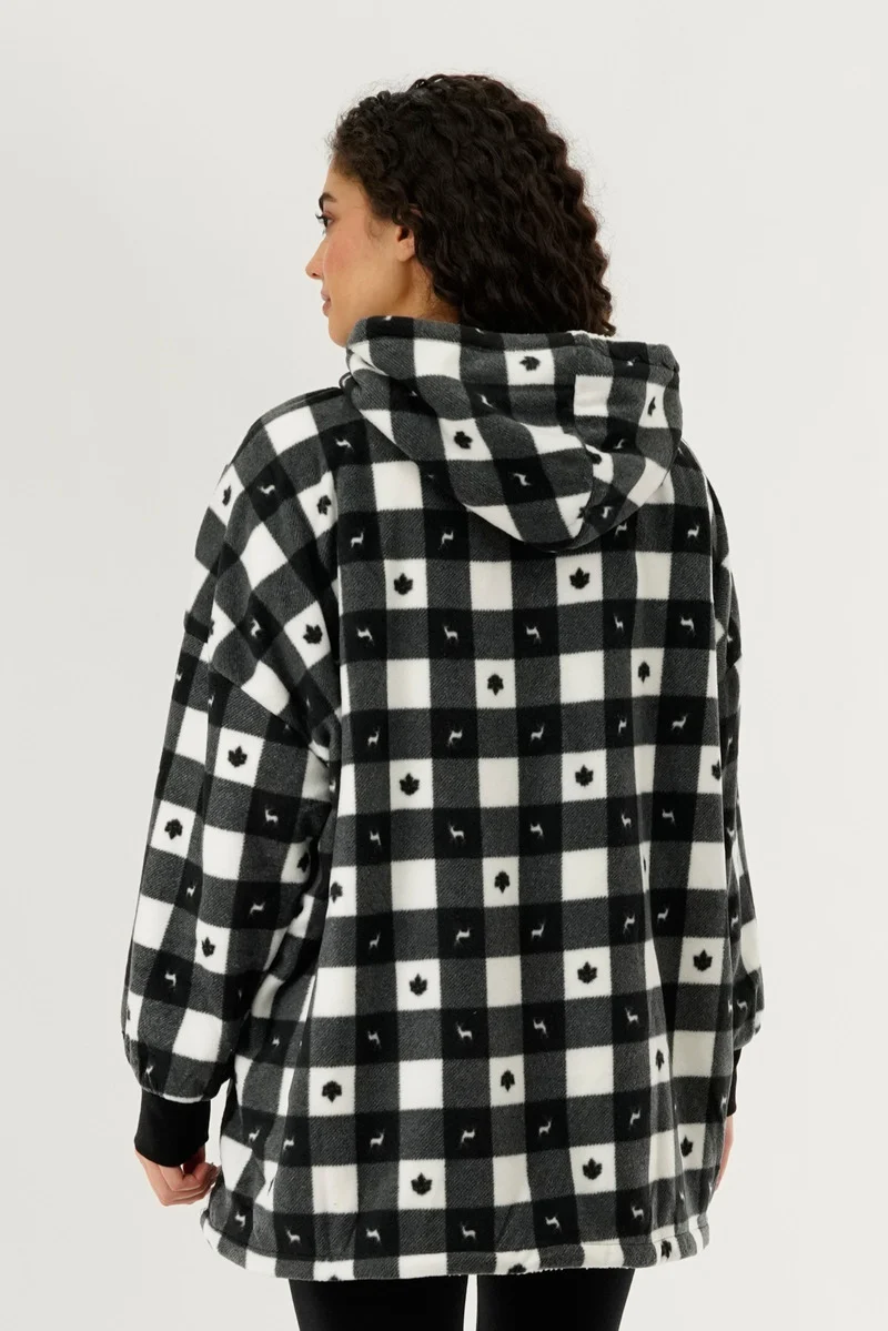 Plaid Oversided Hooded Pajama Top - Black - Image 3