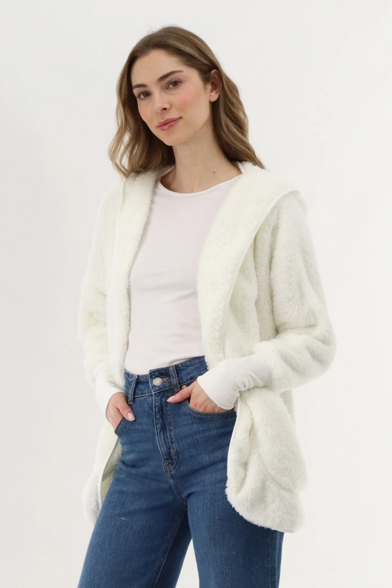 Open Front Teddy Cardigan - Cream - Image 2