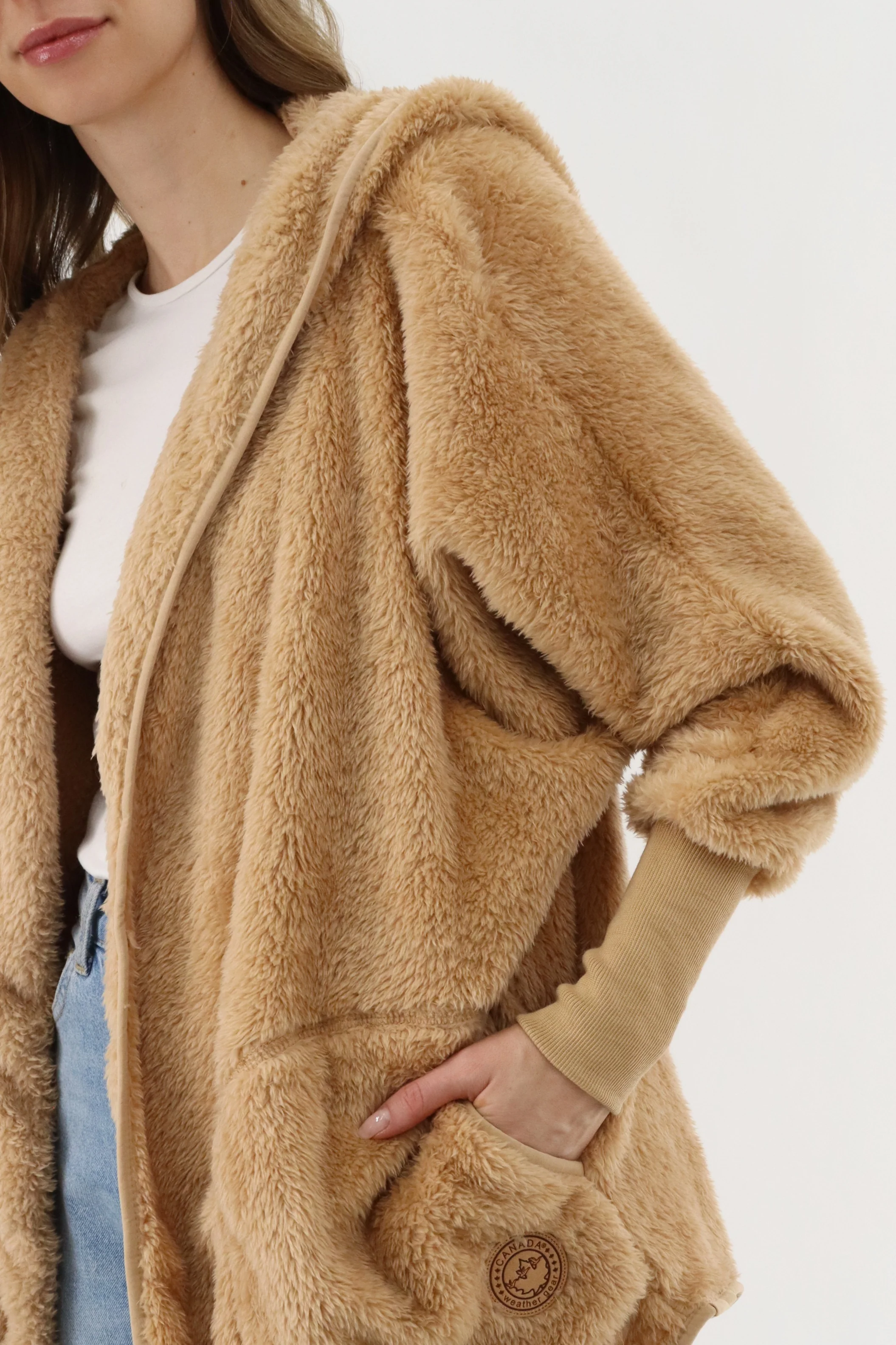 Open Front Teddy Cardigan - Camel - Image 4