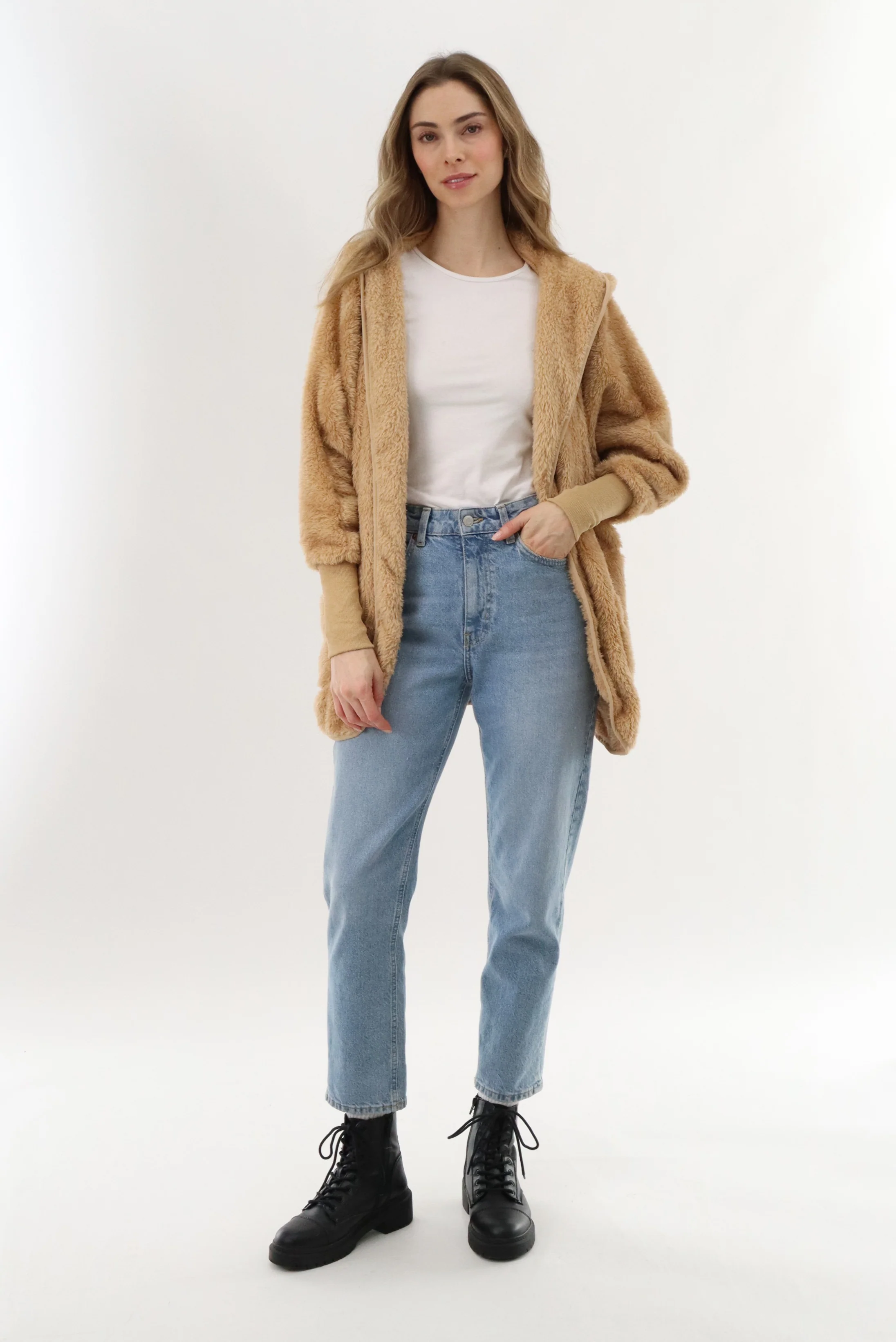 Open Front Teddy Cardigan - Camel - Image 5
