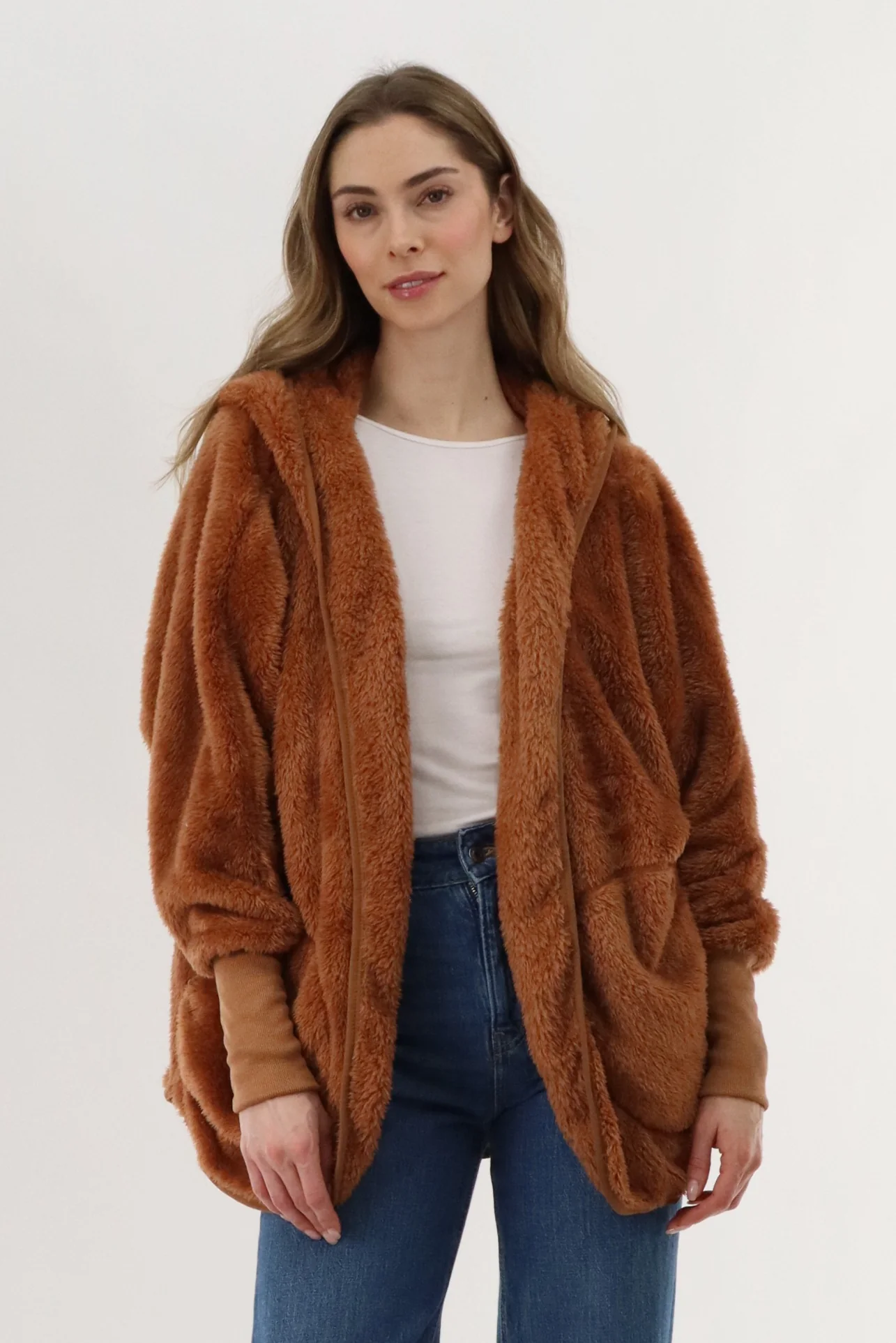 Open Front Teddy Cardigan - Brown